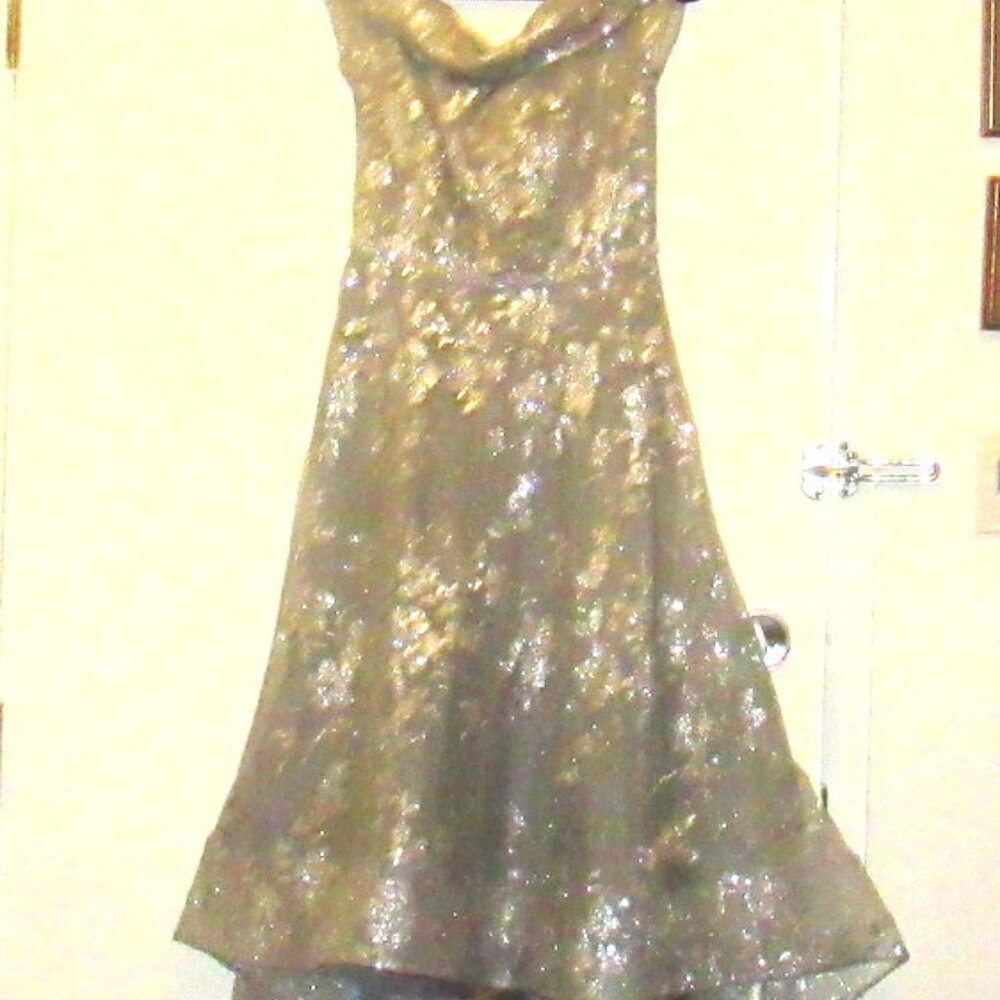 Jade Couture Silver Lace on Gray Midi Length Off the Shoulder Flowing Dress